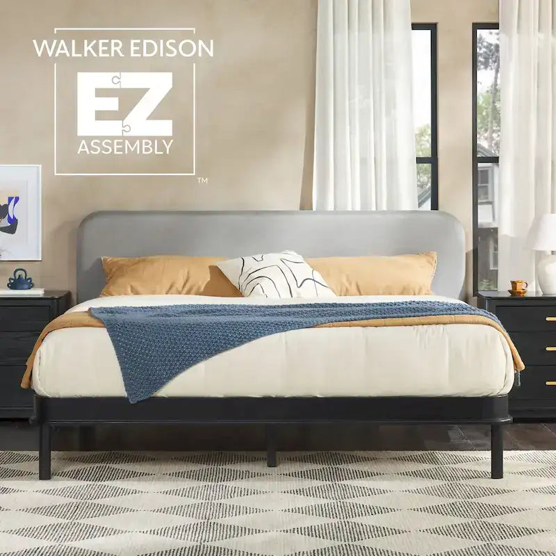 Walker Edison Solid Wood King Bed with Curved Upholstered Headboard
