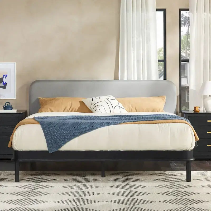 Walker Edison Solid Wood King Bed with Curved Upholstered Headboard