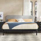 Walker Edison Solid Wood King Bed with Curved Upholstered Headboard