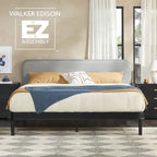 Walker Edison Solid Wood King Bed with Curved Upholstered Headboard