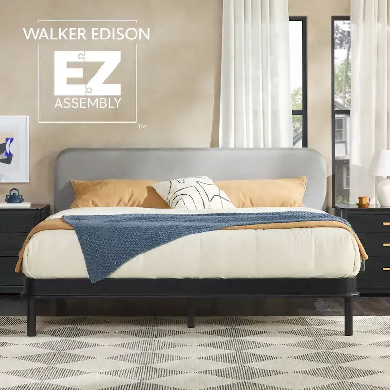 Walker Edison Solid Wood King Bed with Curved Upholstered Headboard