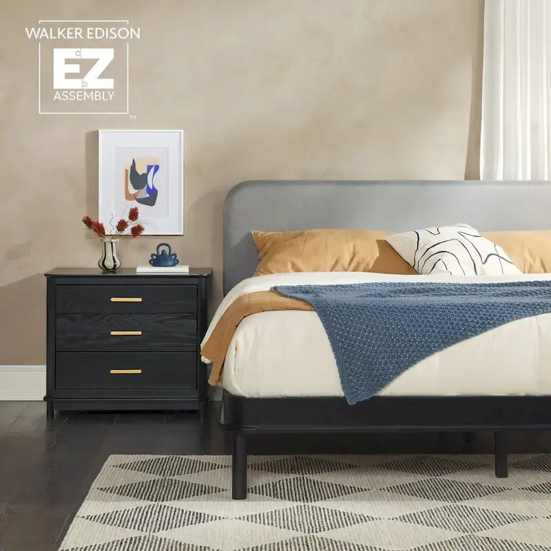 Walker Edison Solid Wood King Bed with Curved Upholstered Headboard