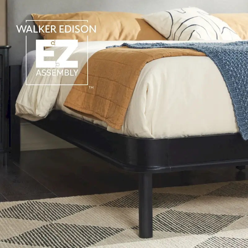 Walker Edison Solid Wood King Bed with Curved Upholstered Headboard