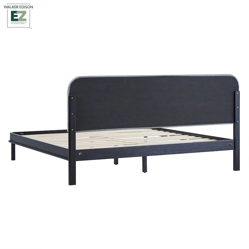 Walker Edison Solid Wood King Bed with Curved Upholstered Headboard