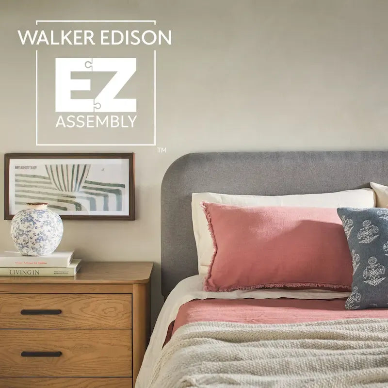 Walker Edison Solid Wood King Bed with Curved Upholstered Headboard