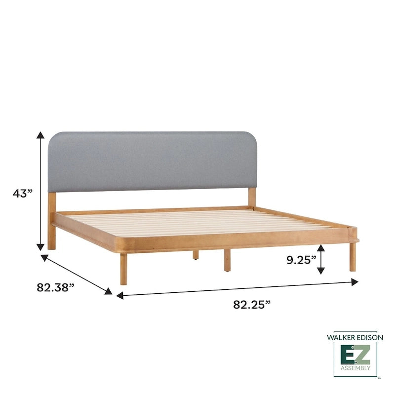 Walker Edison Solid Wood King Bed with Curved Upholstered Headboard
