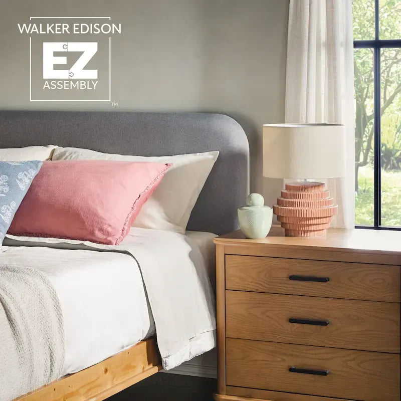 Walker Edison Solid Wood King Bed with Curved Upholstered Headboard