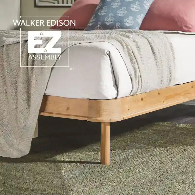 Walker Edison Solid Wood King Bed with Curved Upholstered Headboard