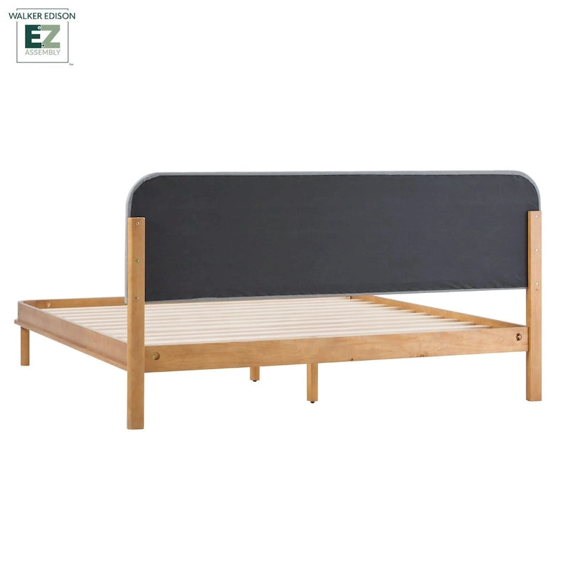 Walker Edison Solid Wood King Bed with Curved Upholstered Headboard