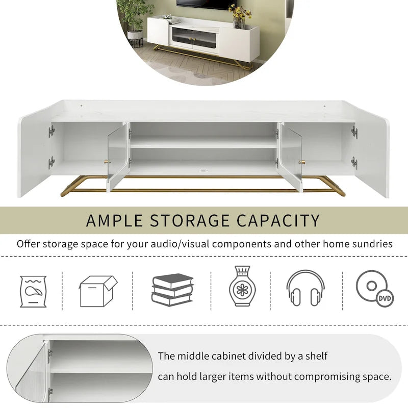 63.07 TV Stand with Glass & Gold Frame for 70 TVs