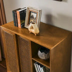 Mid Century Modern Rattan Sideboard Cabinet, Buffet Cabinet Adjustable Shelf & Solid Wood Feet - Light Wood