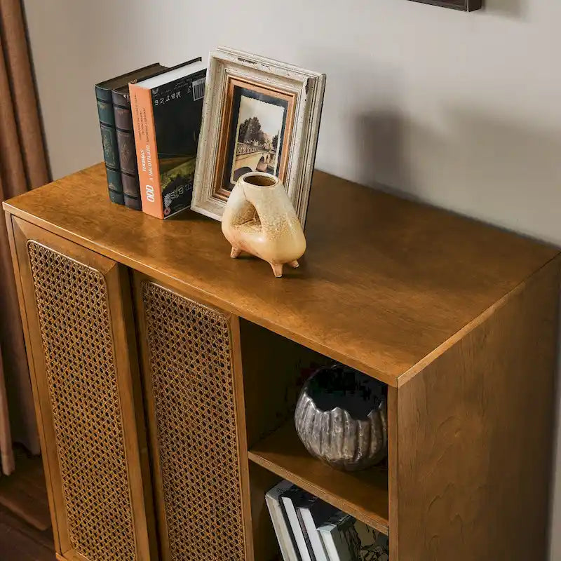 Mid Century Modern Rattan Sideboard Cabinet, Buffet Cabinet Adjustable Shelf & Solid Wood Feet - Light Wood