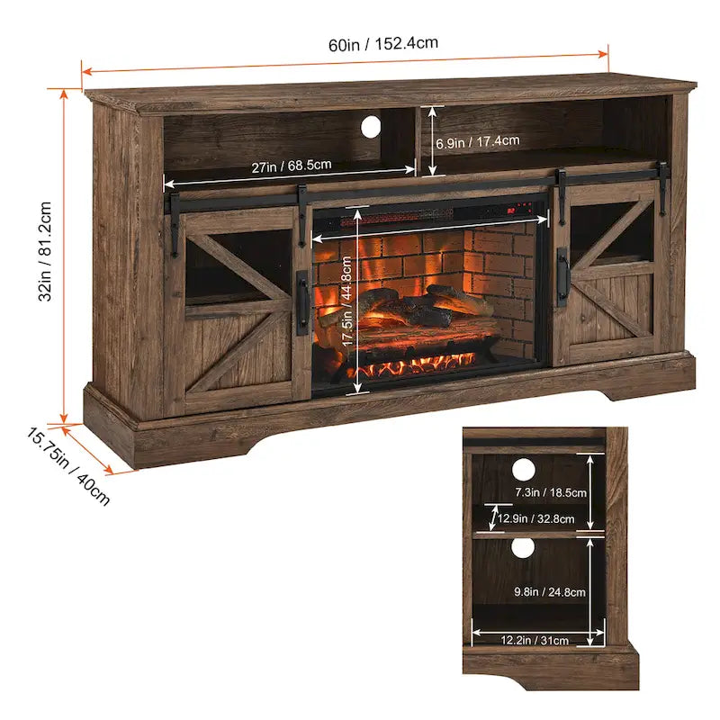 Reclaimed Barnwood 60 Fireplace TV Stand with Remote & Safety Device for 70 TVs