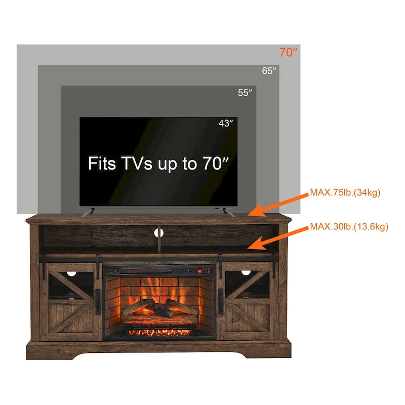 Reclaimed Barnwood 60 Fireplace TV Stand with Remote & Safety Device for 70 TVs