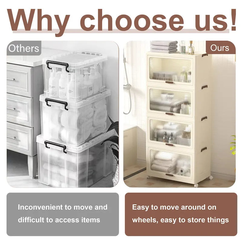 4 Tier Plastic Storage Bins with Lids,Stackable Storage Containers with Wheels, Folding Storage Boxes, Collapsible Storage Bins