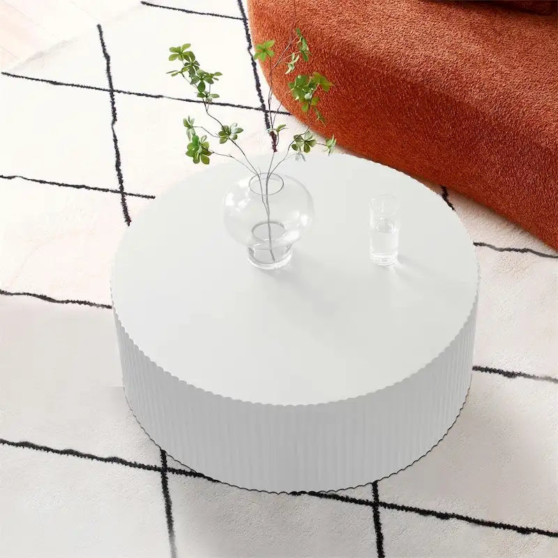 35.43 Wood Round Coffee Table with Handcrafted Relief