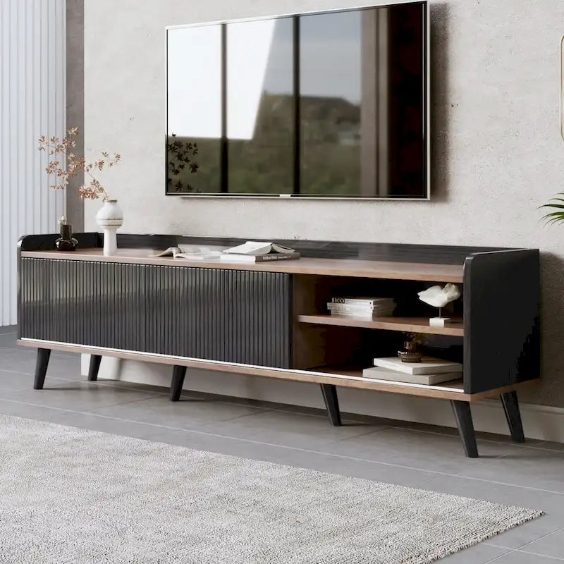 63 Mid Century TV Stand with 2 Cabinets& Open Compartments, Entertainment Center for TVs up to 70, Television Console