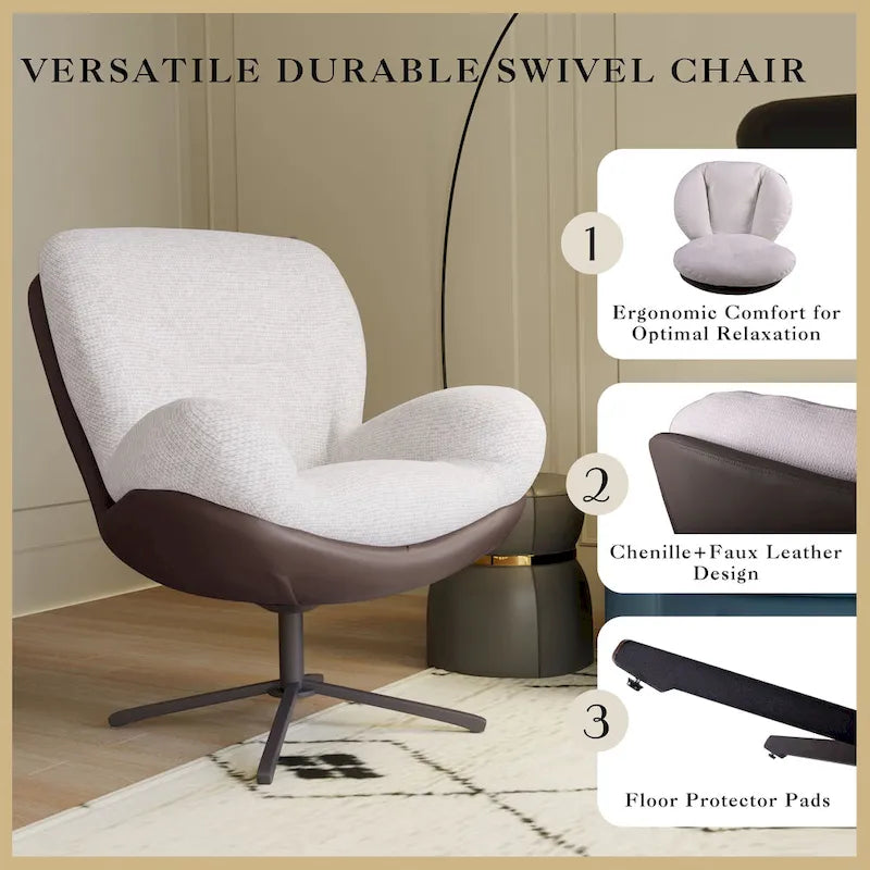 360 Swivel Accent Chair, Modern Chenille Lounge Chair with Faux Leather and Black Metal Base Frame, Comfortable Reading Chair