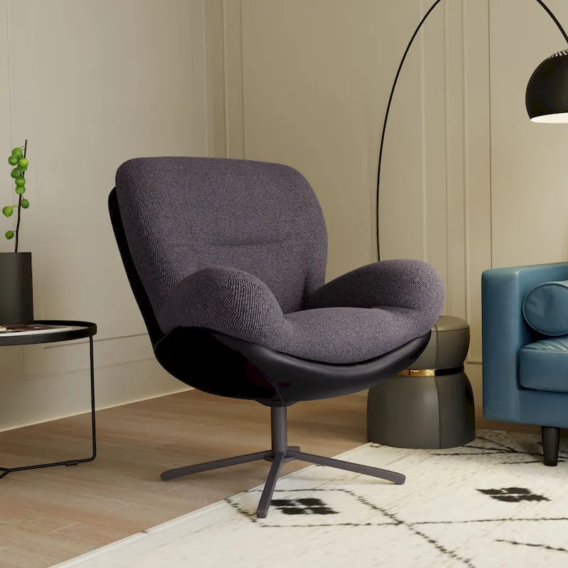 360 Swivel Accent Chair, Modern Chenille Lounge Chair with Faux Leather and Black Metal Base Frame, Comfortable Reading Chair