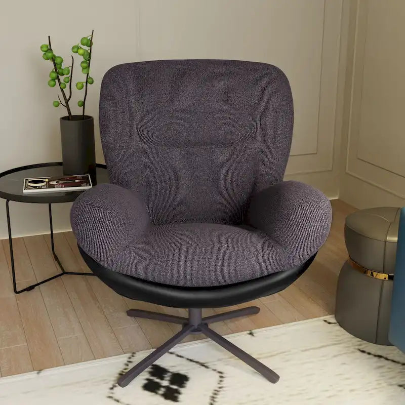 360 Swivel Accent Chair, Modern Chenille Lounge Chair with Faux Leather and Black Metal Base Frame, Comfortable Reading Chair