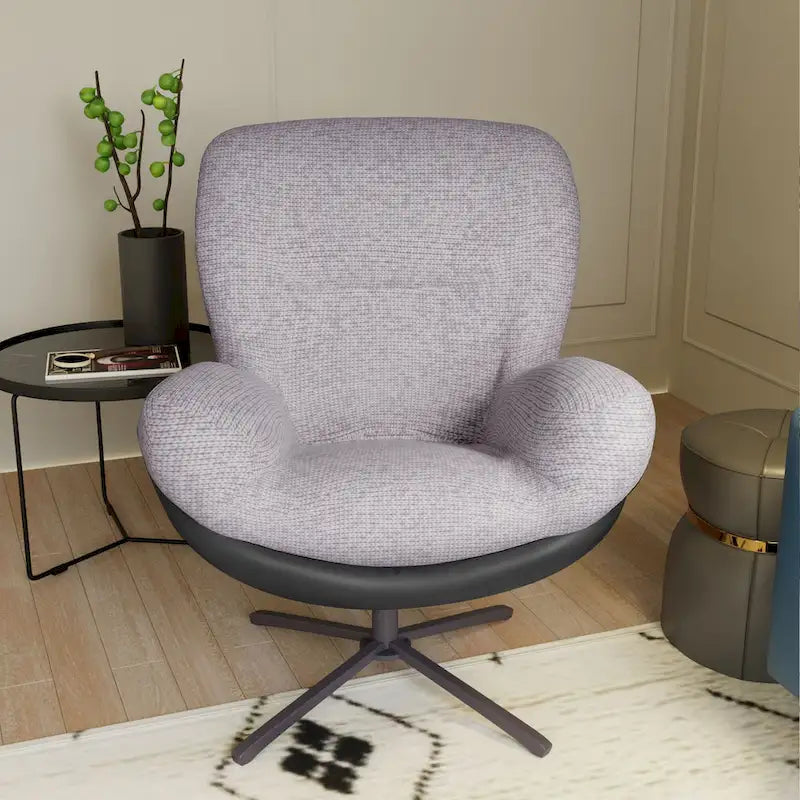 360 Swivel Accent Chair, Modern Chenille Lounge Chair with Faux Leather and Black Metal Base Frame, Comfortable Reading Chair