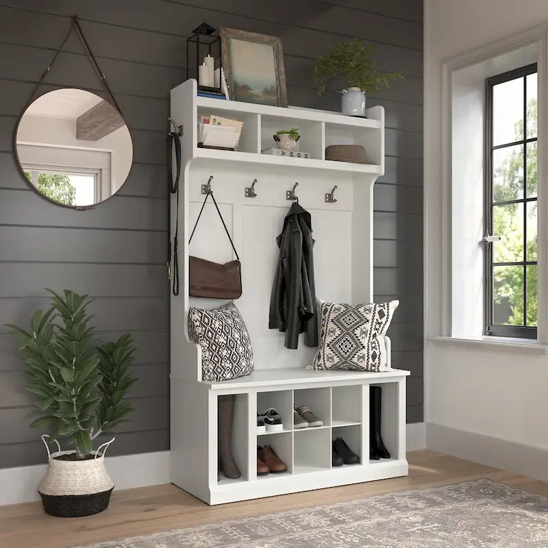 Woodland 40W Hall Tree and Shoe Bench with Shelves by Bush Furniture