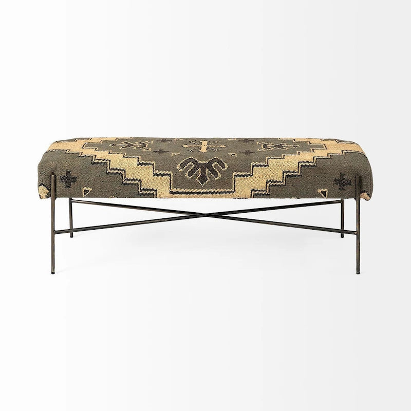HomeRoots 55 Green Brown and Black Upholstered Abstract Cotton Blend Bench - 55