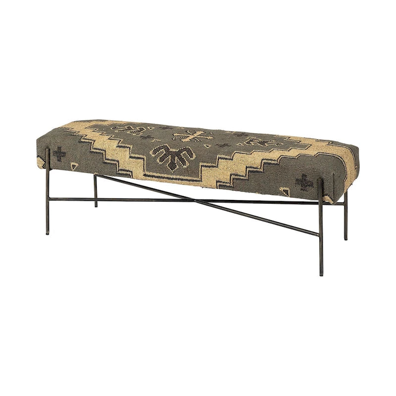 HomeRoots 55 Green Brown and Black Upholstered Abstract Cotton Blend Bench - 55