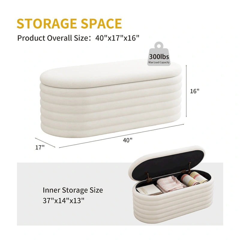 Storage Chenille Ottoman Bench Upholstered Fabric Storage Bench End of Bed Stool with Safety Hinge