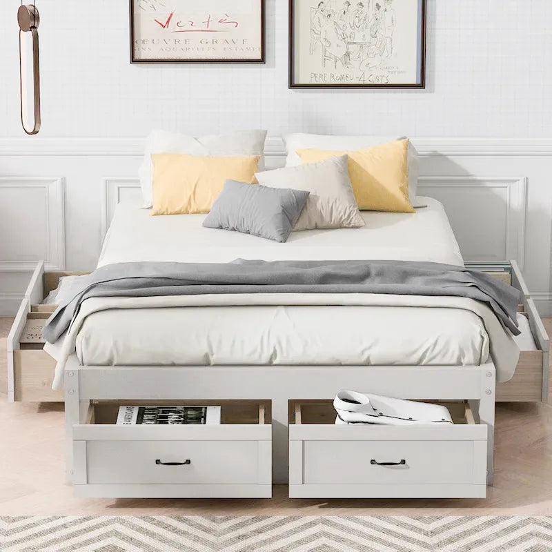 Full Size Platform Bed with 6 Storage Drawers, Antique White, Sleek Design for Bedroom Organization