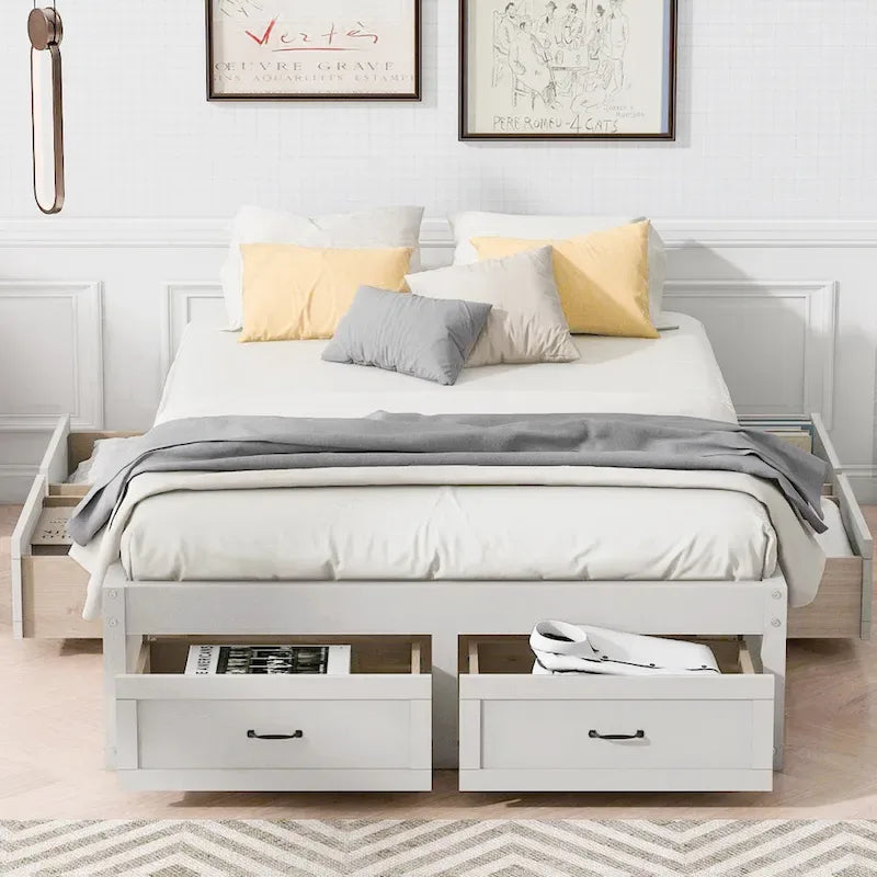 Full Size Platform Bed with 6 Storage Drawers, Antique White, Sleek Design for Bedroom Organization