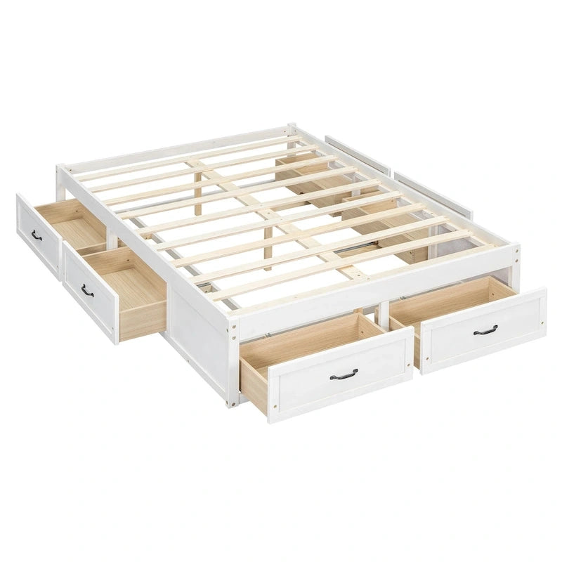 Full Size Platform Bed with 6 Storage Drawers, Antique White, Sleek Design for Bedroom Organization