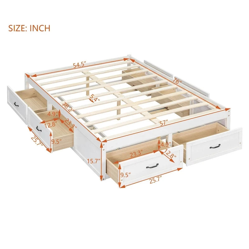 Full Size Platform Bed with 6 Storage Drawers, Antique White, Sleek Design for Bedroom Organization