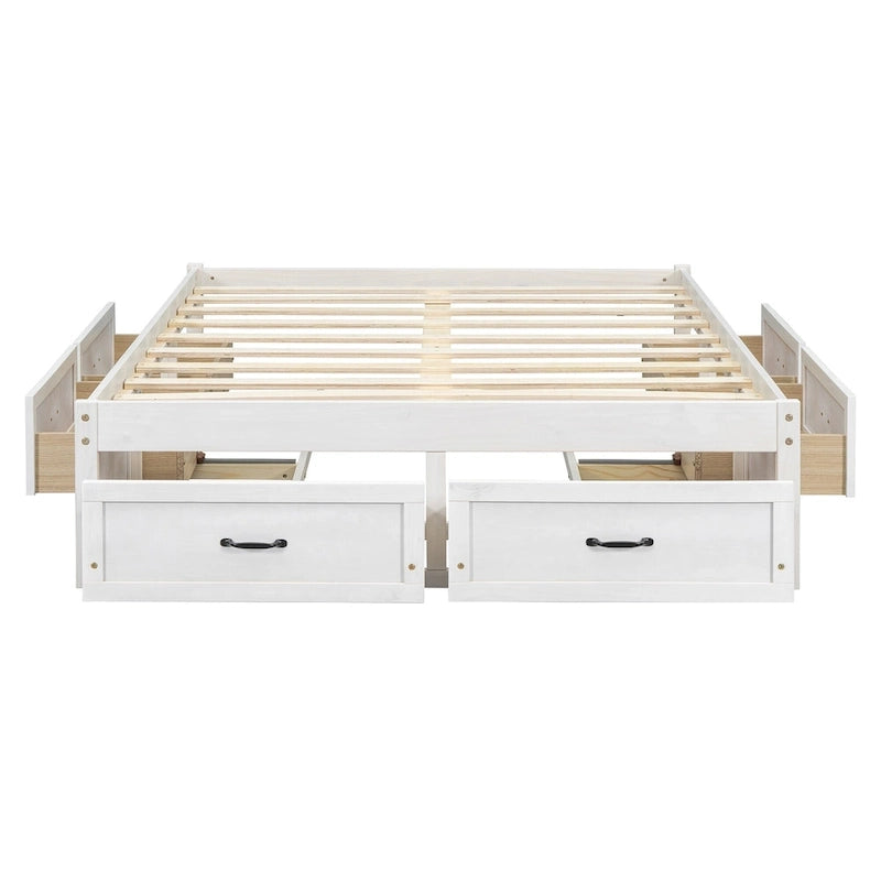 Full Size Platform Bed with 6 Storage Drawers, Antique White, Sleek Design for Bedroom Organization