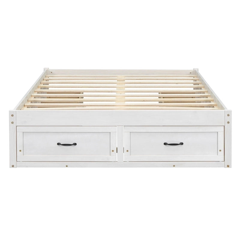 Full Size Platform Bed with 6 Storage Drawers, Antique White, Sleek Design for Bedroom Organization