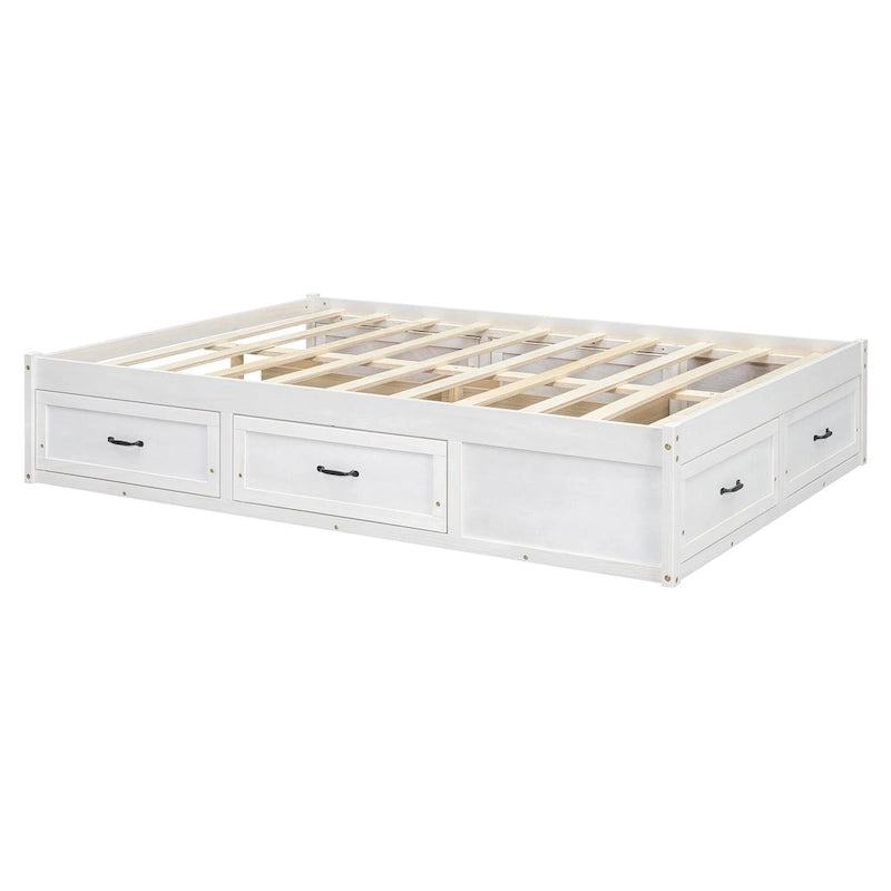 Full Size Platform Bed with 6 Storage Drawers, Antique White, Sleek Design for Bedroom Organization