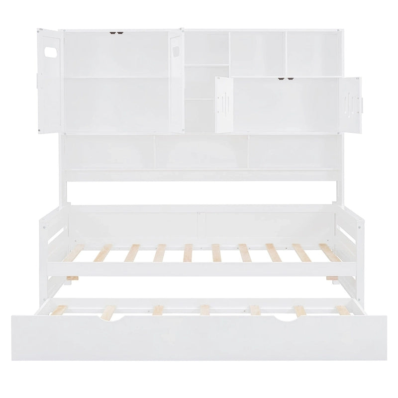 Twin Size Wooden Daybed with Trundle, Storage Cabinet & Shelves, White