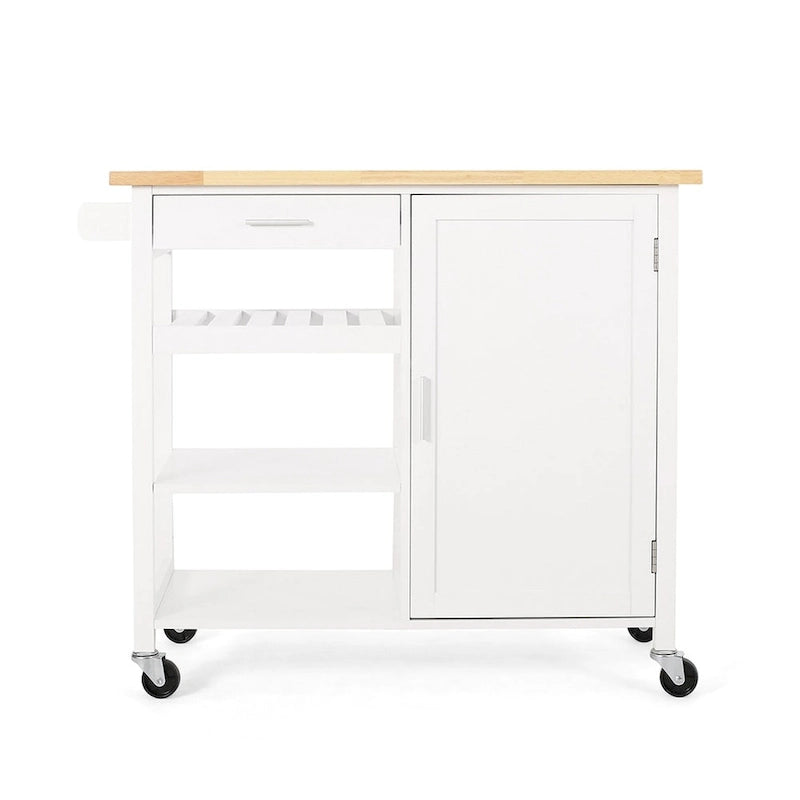 Rolling Kitchen Island Cart, Kitchen Storage Cart With Wooden Top, Modern Home Storage Cart With Door, 3 Shelves, Drawer
