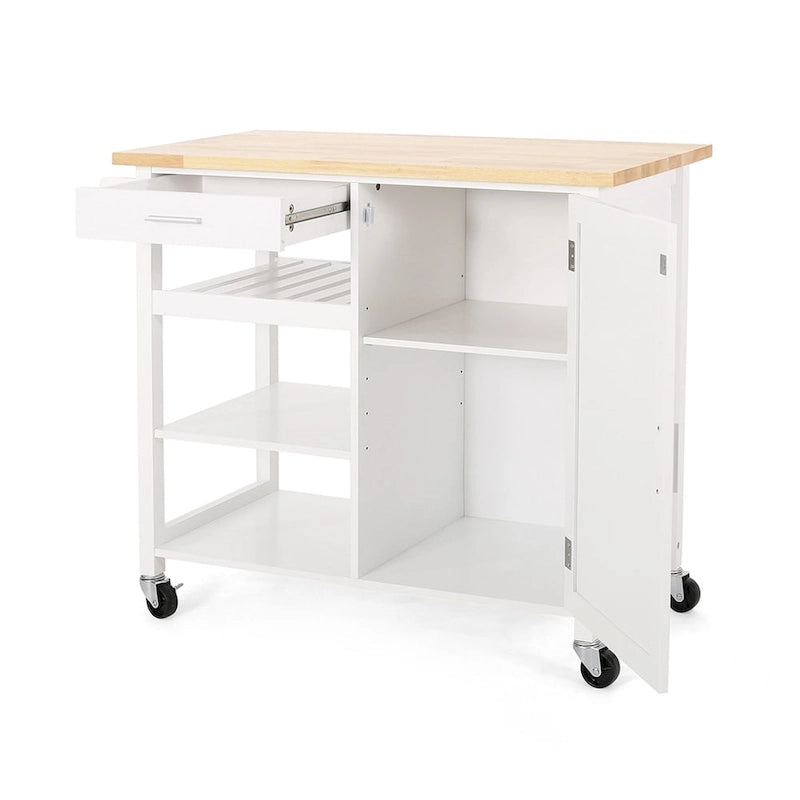 Rolling Kitchen Island Cart, Kitchen Storage Cart With Wooden Top, Modern Home Storage Cart With Door, 3 Shelves, Drawer