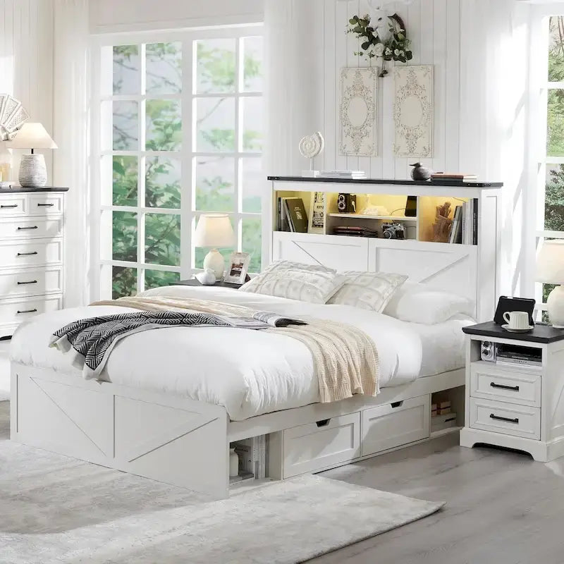 Farmhouse Full Size Wood Bed Frame with Storage Headboard and Drawers