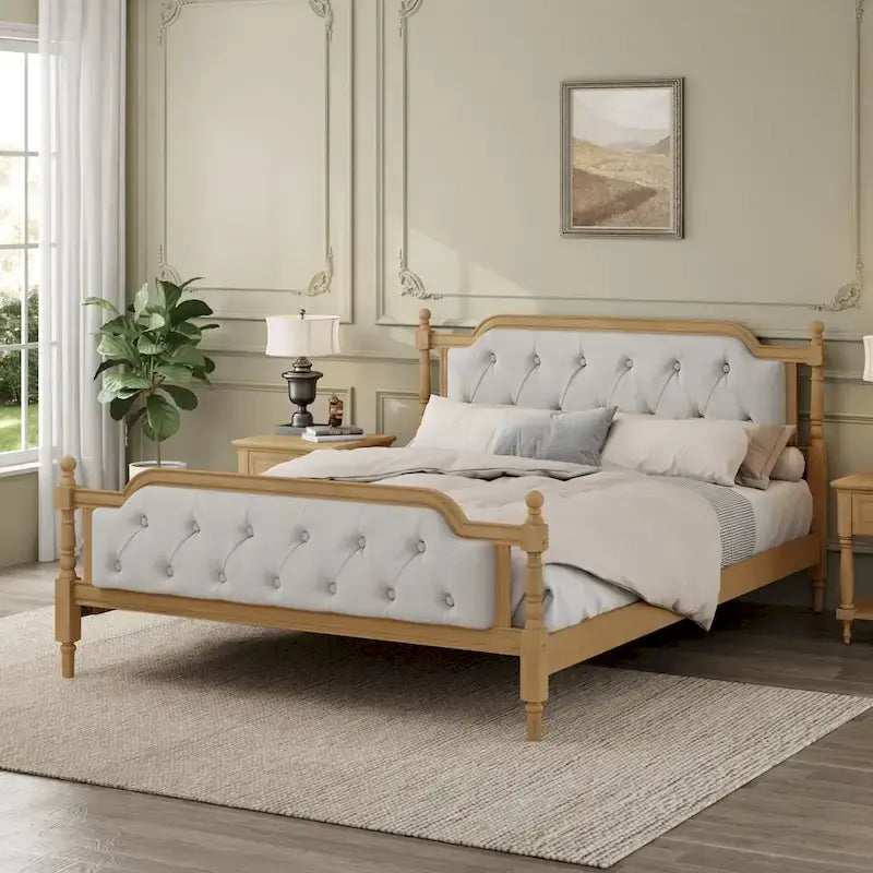 Queen Wood Platform Bed with Tufted Headboard & Handcrafted Design