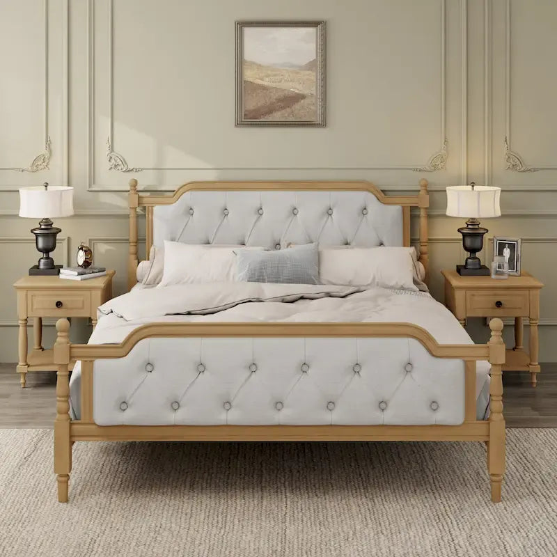 Queen Wood Platform Bed with Tufted Headboard & Handcrafted Design