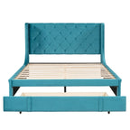 Queen Size Storage Bed Velvet Upholstered Platform Bed with Wingback Headboard and a Big Drawer