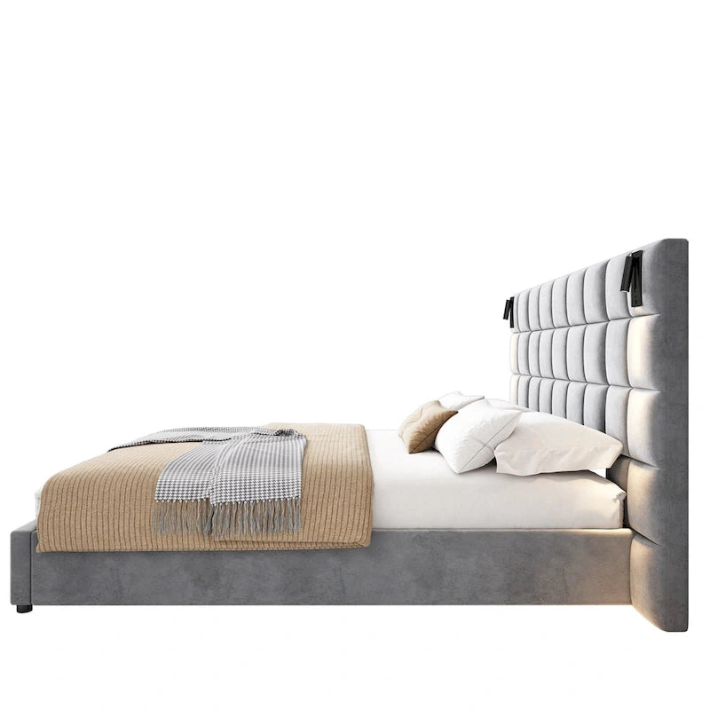 Modern Upholstered Bed Frame Velvet Platform Bed with Reading Lamp