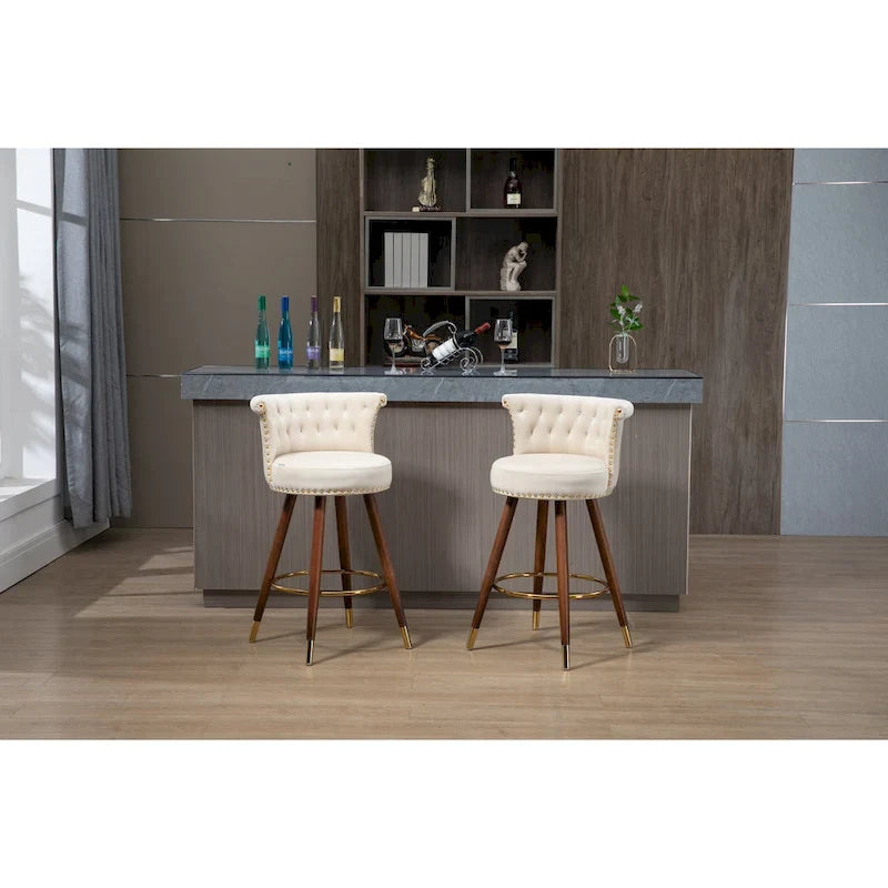 COOLMORE Vintage Upholstered Bar Stools with Backrest and Footrest, Fixed Height 360 Rotation for Kitchen, Dining, Home Bar