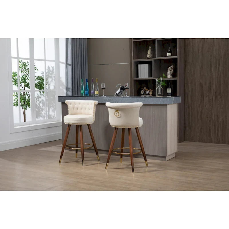 COOLMORE Vintage Upholstered Bar Stools with Backrest and Footrest, Fixed Height 360 Rotation for Kitchen, Dining, Home Bar