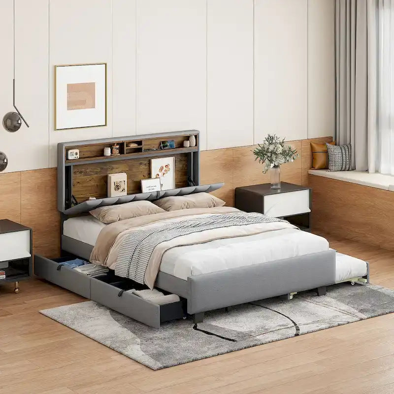 Queen Size Upholstered Platform Bed w/ Storage Headboard, Twin XL Size Trundle & 2 Drawers & USB Ports, Linen Fabric, Gray