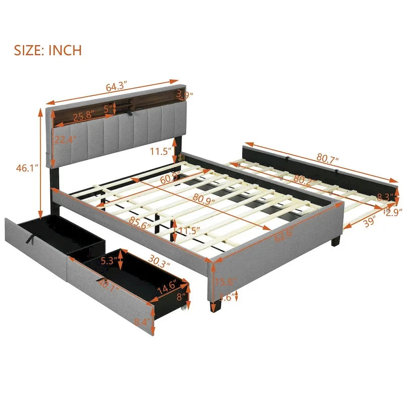Queen Size Upholstered Platform Bed w/ Storage Headboard, Twin XL Size Trundle & 2 Drawers & USB Ports, Linen Fabric, Gray