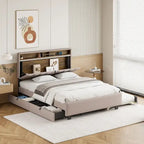 Queen Size Upholstered Platform Bed w/ Storage Headboard, Twin XL Size Trundle & 2 Drawers & USB Ports, Linen Fabric, Gray