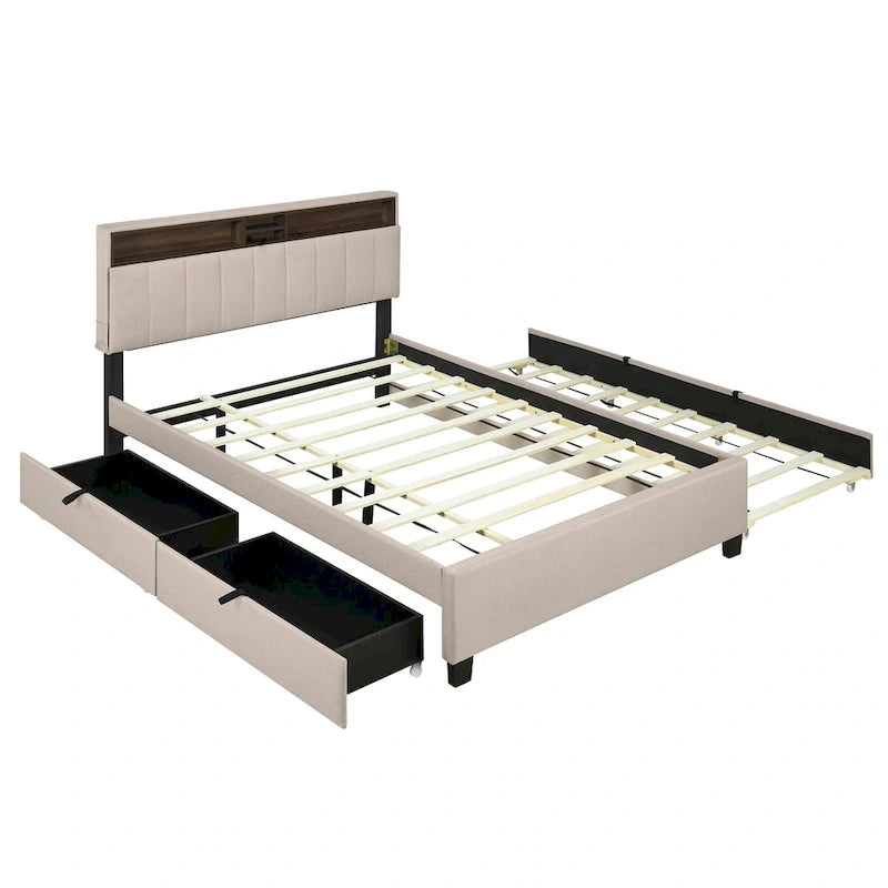 Queen Size Upholstered Platform Bed w/ Storage Headboard, Twin XL Size Trundle & 2 Drawers & USB Ports, Linen Fabric, Gray